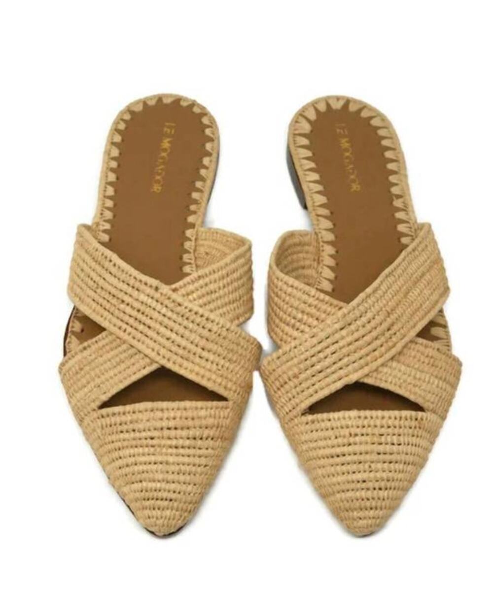 Le Mogador Azoulay Mules in Nude Tan Raffia 38 Pointed Toe Cut Out Flat